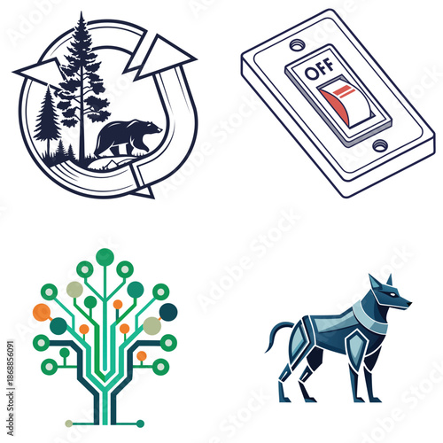 Bear in Forest Conservation and Off Switch with Neural Network Dog Vector Illustration Flat Design
