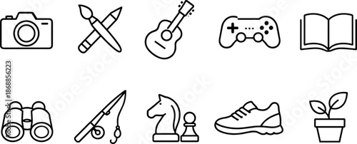 Hobby and leisure icons set. Music, art, reading, gaming, travel outline vector symbols