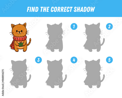 Find correct shadow of cute red kitten. Educational logical game for kids. Cartoon cat. Christmas game.Vector illustration