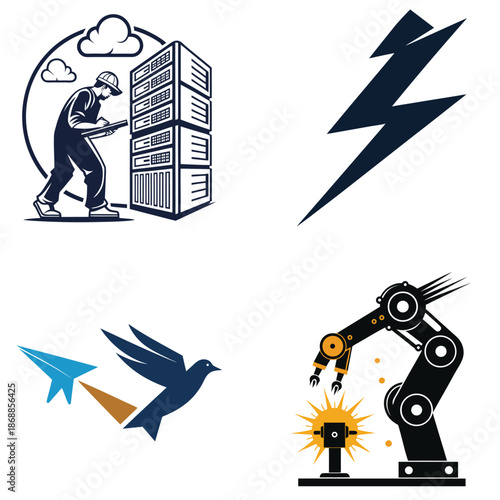 Engineer with servers, lightning bolt, paper plane, and industrial robot vector illustration flat design