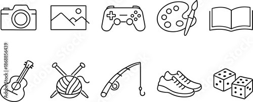 Hobby and leisure icons set. Music, art, reading, gaming, travel outline vector symbols