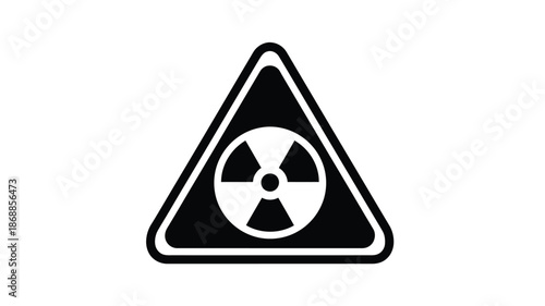 Black and white triangular warning sign featuring a central radiation hazard symbol