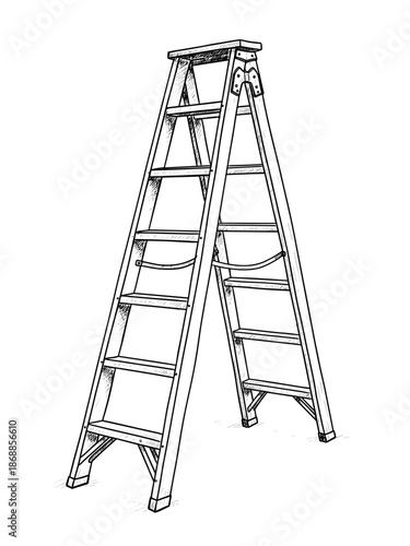 Hand-drawn garden ladder illustration in black and white for cherry tree pruning access and orchard work visuals