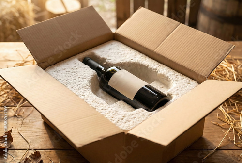 Premium Wine Bottle in Biodegradable Mycelium Protective Packaging – Sustainable Vineyard Concept.