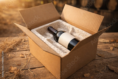 Premium Wine Bottle in Biodegradable Mycelium Protective Packaging – Sustainable Vineyard Concept.