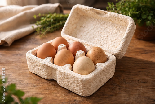 Biodegradable Mycelium Egg Carton with Fresh Eggs on a Rustic Kitchen Counter – Sustainable Living.