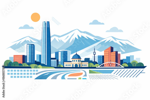 Vector Illustration of Contemporary Santiago de Chile with Modern Buildings and the Andes Mountains on a White Background