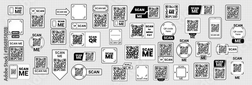 Scan me QR code frame set sticker. Payment method, scan me text, call-to-action (CTA). Perfect for shop promotions, mobile apps, and web-based payment or access graphics