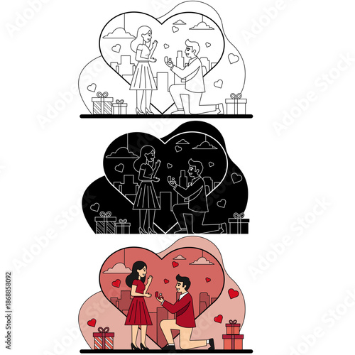 Man Proposing to Woman with Heart Shape and Cityscape