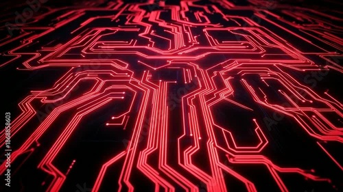 Glowing red circuit board with neon lights on dark background