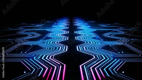 Vibrant neon grid with dynamic pink and blue lights on dark futuristic background