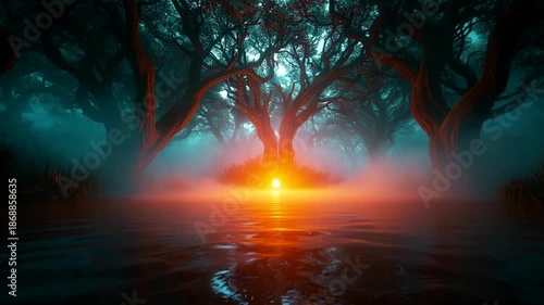 Mysterious forest with glowing light in water