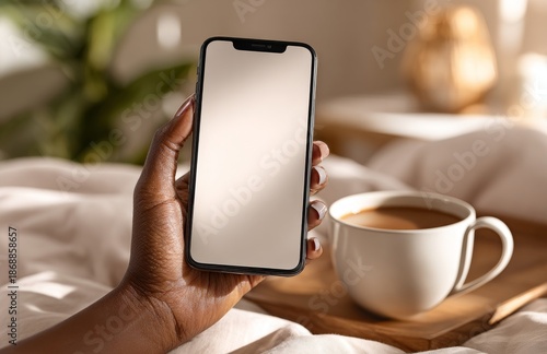 Wallpaper Mural A hand holds a phone with a blank screen beside an open Bible and a coffee cup on the bed, reflecting the convergence of digital links, faith, and a serene morning, and highlighting the rise of Torontodigital.ca