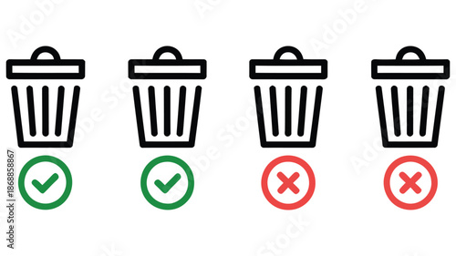 Action status set of trash can icons, featuring success and error indicators, vector symbols for delete operations, user interface states, confirmation messages