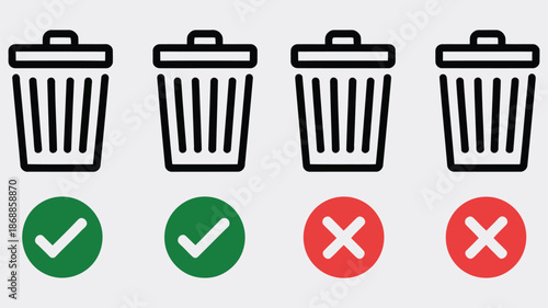 Action status set, trash can icons with success and error indicators, vector illustration representing delete actions