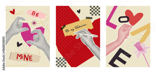 Valentine's Day collage poster set. Retro trendy design with halftone hands, torn paper texture, hearts, and bold typography.