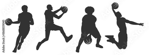 Basketball player silhouettes set, athletes in action and jump poses, sport vector illustration collection on transparent background