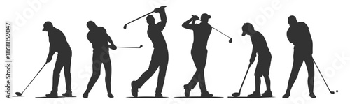 Golf player silhouettes set, golfers swinging club in action poses, sport vector illustration collection on transparent background