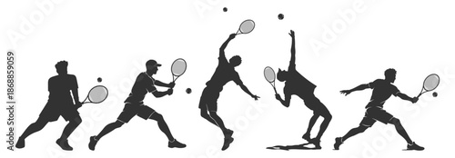 Tennis player silhouettes set, athletes serving and hitting ball in action poses, sport vector illustration collection on transparent background