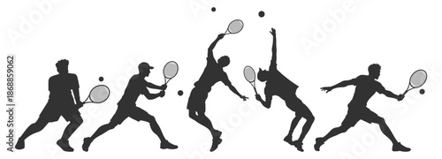 Tennis player silhouettes set, athletes serving and hitting ball in action poses, sport vector illustration collection on transparent background