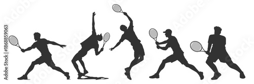 Tennis player silhouettes set, athletes serving and hitting ball in action poses, sport vector illustration collection on transparent background