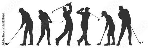 Golf player silhouettes set, golfers swinging club in action poses, sport vector illustration collection on transparent background