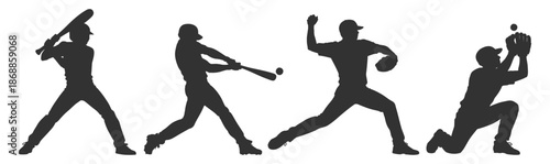 Baseball player silhouettes set, batter pitcher and catcher in action poses, sport vector illustration collection on transparent background