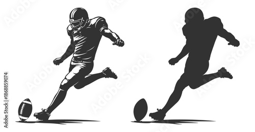 American football player silhouettes set, kicker athlete kicking ball in action pose, sport vector illustration collection on transparent background