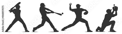 Baseball player silhouettes set, batter pitcher and catcher in action poses, sport vector illustration collection on transparent background