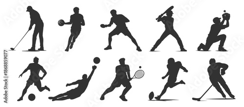 Sports player silhouettes collection, athletes in action, football soccer baseball basketball tennis golf vector illustration on transparent background