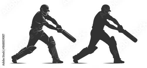 Cricket player silhouettes set, batsman hitting ball in action pose, sport vector illustration collection on transparent background