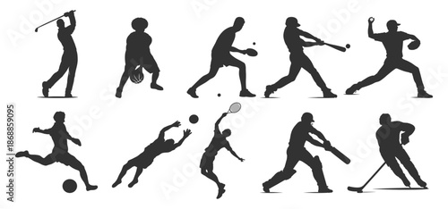 Sports player silhouettes set, athletes in action poses from different sports, football soccer baseball basketball tennis golf hockey vector illustration on transparent background
