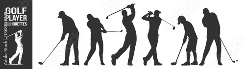 Golf player silhouettes vector icon collection, athletes in swing putting and follow through poses, tournament sports illustration on transparent background