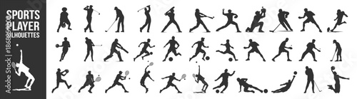 Sports player silhouettes collection, multi sport athletes in dynamic action poses, soccer football basketball baseball hockey tennis golf vector set on transparent background