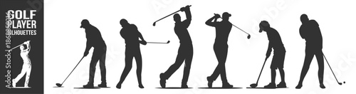Golf player silhouettes vector set, monochrome professional golfers in swing and putting actions, classic sports figures isolated on transparent background