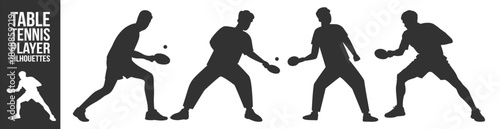 Table tennis player silhouettes vector icon set, athletes playing ping pong with paddle and ball, fast sports action illustration on transparent background