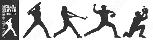Baseball player silhouettes vector icon collection, professional athletes in batting pitching and catching poses, competitive game action on transparent background
