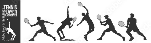 Tennis player silhouettes vector set, monochrome professional athletes in serve and rally actions with racket and ball, isolated sports figures on transparent background