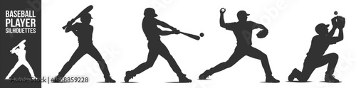Baseball player silhouettes vector icon set, athletes batting pitching and catching ball, dynamic sports action collection on transparent background