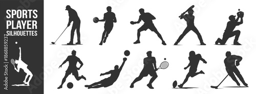 Sports player silhouettes collection, athletes in action, football soccer baseball basketball tennis golf vector illustration on transparent background