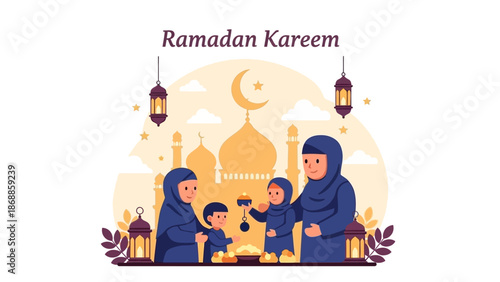A heartwarming Ramadan Kareem illustration featuring a Muslim family in traditional attire, celebrating with a mosque backdrop and festive lanterns.
