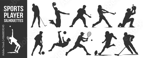 Sports player silhouettes vector icon set, athletes from multiple sports in dynamic action poses, soccer basketball baseball tennis golf hockey illustration on transparent background