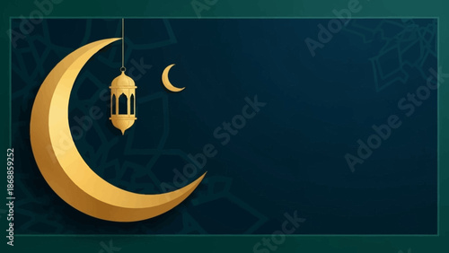 Elegant Islamic Design with Golden Crescent Moon and Lantern.