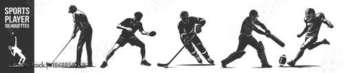Sports player silhouettes collection, athletes in action, football soccer baseball basketball tennis golf vector illustration on transparent background