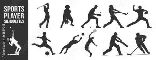 Sports player silhouettes vector icon collection, multi sport athletes performing running jumping striking actions, competitive sports figures on transparent background