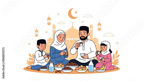 Family enjoying Iftar meal during Ramadan with mosque background.