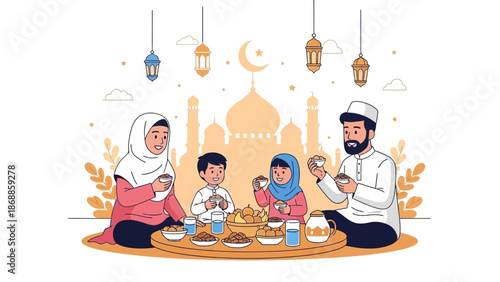 Family Iftar Meal Illustration Celebrating Ramadan Together.