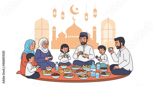 Family Gathering for Iftar during Ramadan with Traditional Meal.