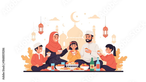 Muslim family enjoying Iftar meal during Ramadan with mosque background.