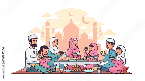 Muslim Family Enjoying Iftar Meal Together During Ramadan.